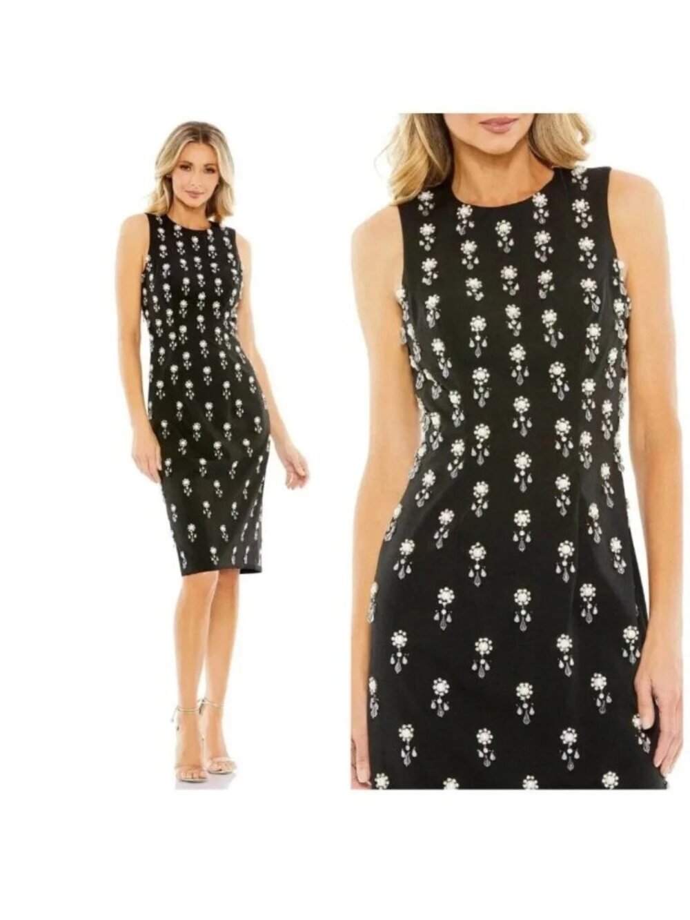 Mac Duggal Black Floral Pattern Beaded Midi Dress